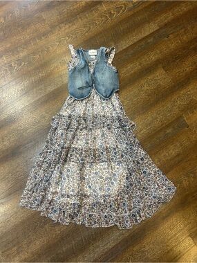 Rare Editions Blue Floral Tiered Maxi Dress with Denim Vest 8